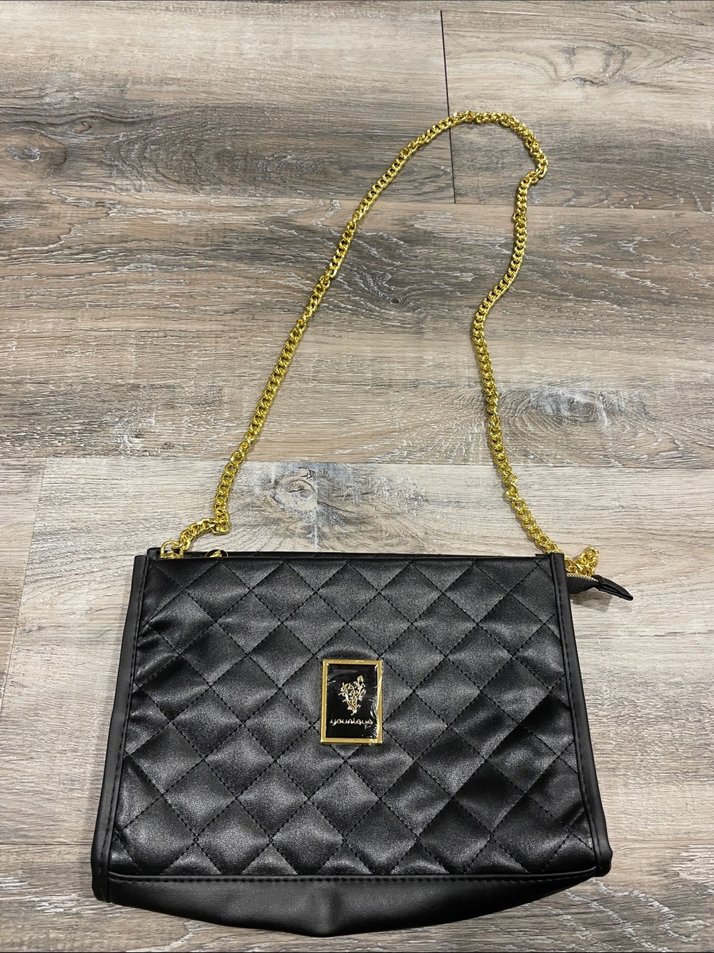 Younique Black Quilted Chain Shoulder Bag with Gold Hardware